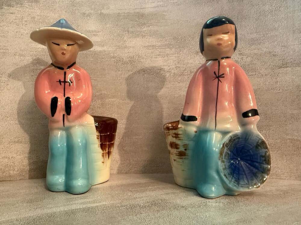 Vintage Mid Century Ceramic Asian Figural Planters Man and Woman